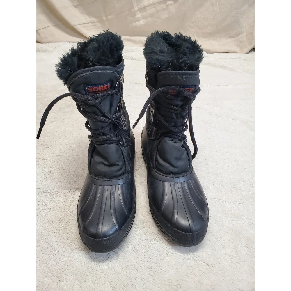Sorel Black Puffer Fuzzy Snow Winter Boots Women 8 Casual Cozy Gorpcore Outdoor